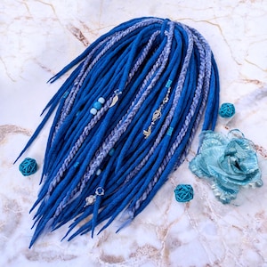 Blue Wool Dreadlocks – Braided Twisted DE Merino Dreads with Beads – Handmade Boho Fantasy Festival Dreads Extension, Turquoise Dreadlocks
