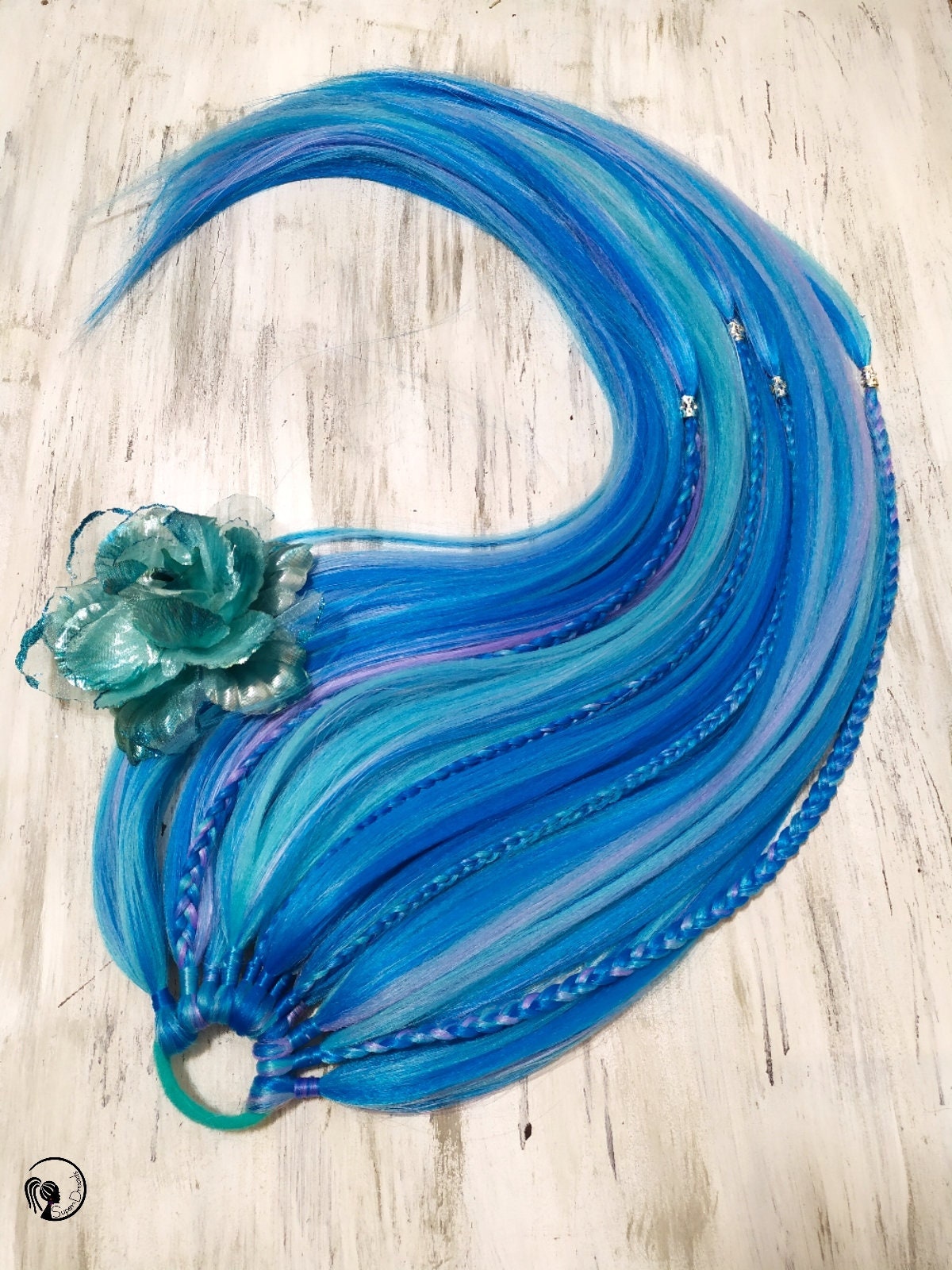 Blue Ponytail Hair Extensions, Hair Wig with Braids and Beads, Hair on Elastic Band, Synthetic Hair on Hairband, Hair Falls, BLUE MERMAID