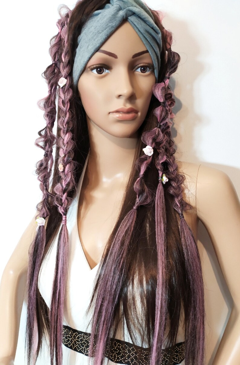 Brown Pink Braids Extension on Hairband Dreadlocks on Elastic Etsy
