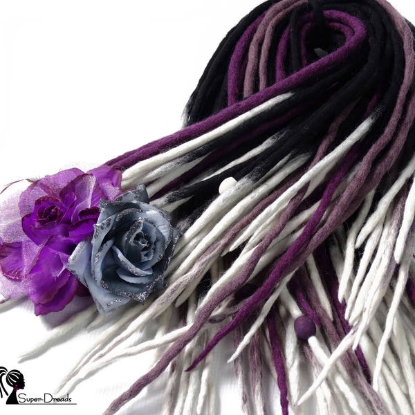 Full Set Wool Dreadlocks, Black Purple Dreads, White Ombre Dreadlocks, Dread Extensions, Double Ended, HEATHER VALLEY DARK