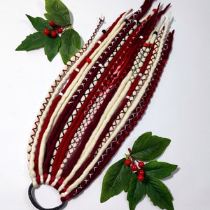 Wool Dreadlock Extensions on Elastic Band - Red and White Dread Ponytail with Beads & Wraps, Easy Install Boho Festival Hair