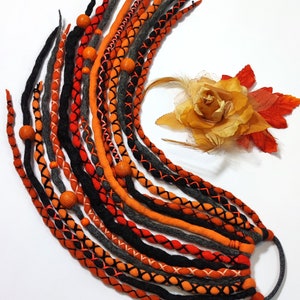 WOOL DREADLOCK Extensions on elastic band, Black Orange, unique hairstyle with easy install, Dread PONYTAIL, Alternative accessories