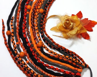 Orange Black Grey Wool Dreadlock Ponytail, Merino Dread Hairpiece, Dreadlock Wig with Accents