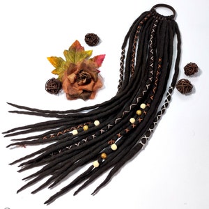 WOOL DREADLOCK Extensions on elastic band, dark brown dreadlock ponytail, unique hairstyle with easy install, Alternative hair accessories