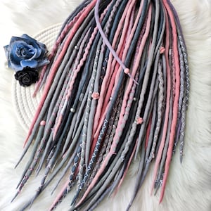Full Set Pink Grey Wool Dreadlocks Extension, Dreads with beads and threads, , pastel colors Double Ended dreadlocks, beautiful de dreads