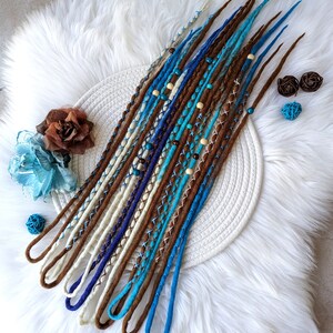 Accent Set Wool Dreadlocks, blue turquoise light brown Dreads Extensions, Double Ended festival Dreadlocks with threads and beads, 10 pcs