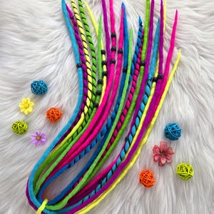 Rastas de lana neón arcoíris, extensión de rastas de doble punta, 10 unidades