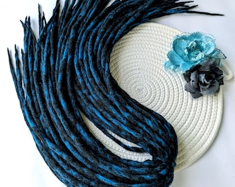 Rastas de lana merino negras con matices azules, extensiones de rastas de doble punta