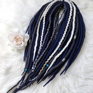 Wool Dreadlocks Extensions, navy blue white wool dreads, wraps thread dreadlocks with beads, double ended Dreads, DARK WINTER