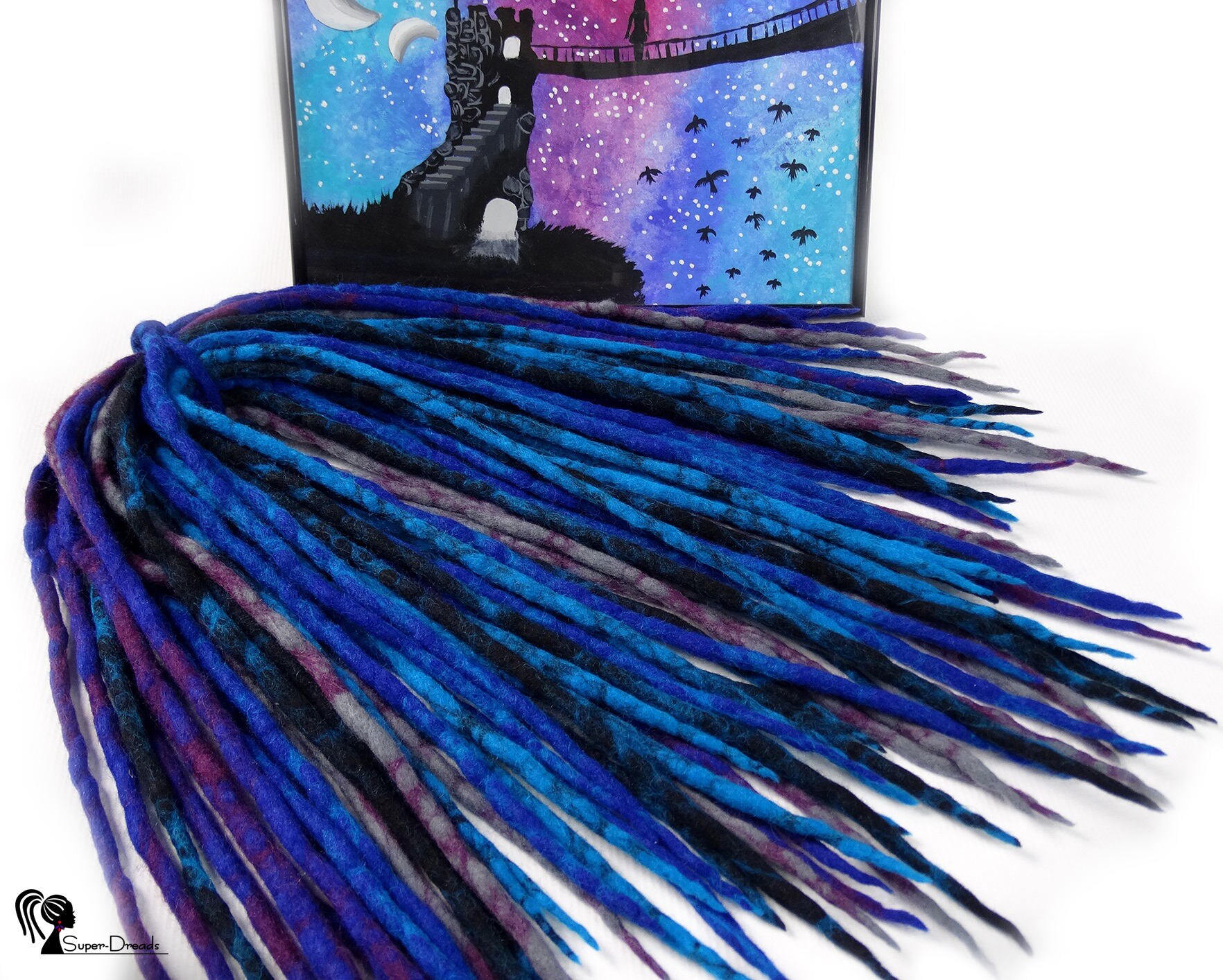 Blue Merino Wool Clip In Dreadlocks Extensions Handmade Miss Violet Lace Black & Periwinkle Blue Purple Wool Dreads: Wrapped Accents  main image 2
