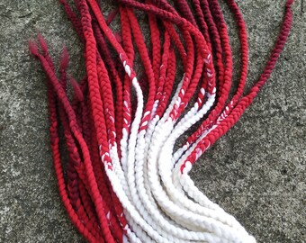 Red & White Wool Braids Extensions, Double Ended Braided Dreadlocks