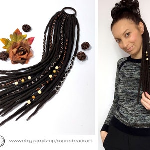 WOOL DREADLOCK Extensions on elastic band, dark brown dreadlock ponytail, unique hairstyle with easy install, Alternative hair accessories