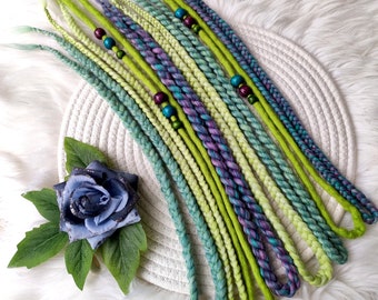 Green Purple Merino Wool Dreadlocks & Braids, Double Ended Dread Extensions, 10 pcs