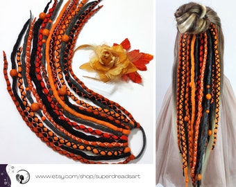 WOOL DREADLOCK Extensions on elastic band, Black Orange, unique hairstyle with easy install, Dread PONYTAIL, Alternative accessories