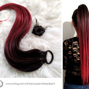 Black Red Ponytail Hair Extensions, Ombre Hair on Elastic Band, Synthetic Hair Extension on Hairband, Hair Wig, Hair Falls, CHERRY COUNTESS