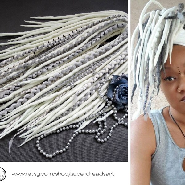 Ensemble complet de dreadlocks en laine, dreads gris blanc, tresses en laine, dreads avec perles, extensions de dreads de mariage, double extrémité