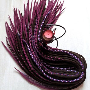Brown Wool Dreadlocks with Purple Braids - Ombre Double Ended Dreads, Viking Style Natural Look, Festival Hair with Beads