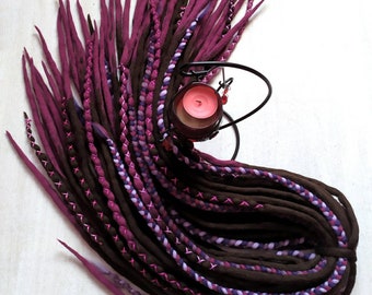Brown Purple Merino Wool Dreadlocks Extensions, Boho Double Ended Dread Set with Braids