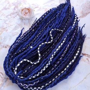 Dark Blue Wool Dreadlocks with Braids – Decorated Boho Handmade Felted DE Dreads – Merino Dreads Extension for Festival Fantasy Look