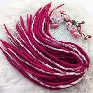 Pink and White Ombre Wool Dreadlocks – &quot;Amaranth Flower&quot; Handmade Double-Ended Boho Hair Extensions