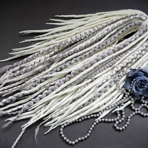 Wool Dreadlocks Extensions, White Grey Dreads, Wool Braids, Dreads with Beads, Wedding Dreads Extensions,Full Set Wrap Double Ended Dreads