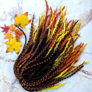Brown Orange Yellow Wool Dreadlocks – DE Merino Dreads with decorations – Handmade Boho Fantasy Festival Dreads Extension, Dreadlock Set