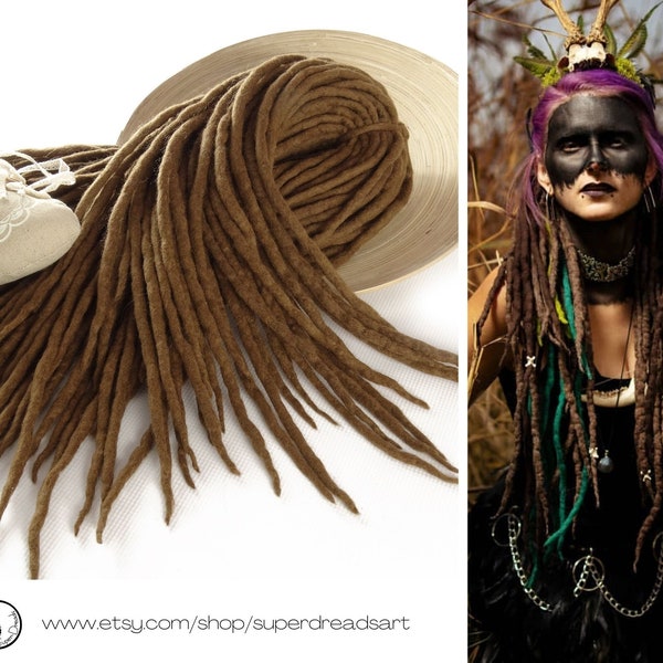 Rallonges de dreadlocks en laine, extensions de dreads marron clair, dreads en laine naturelle bronze, ensemble complet de dreadlocks à double extrémité en laine mérinos