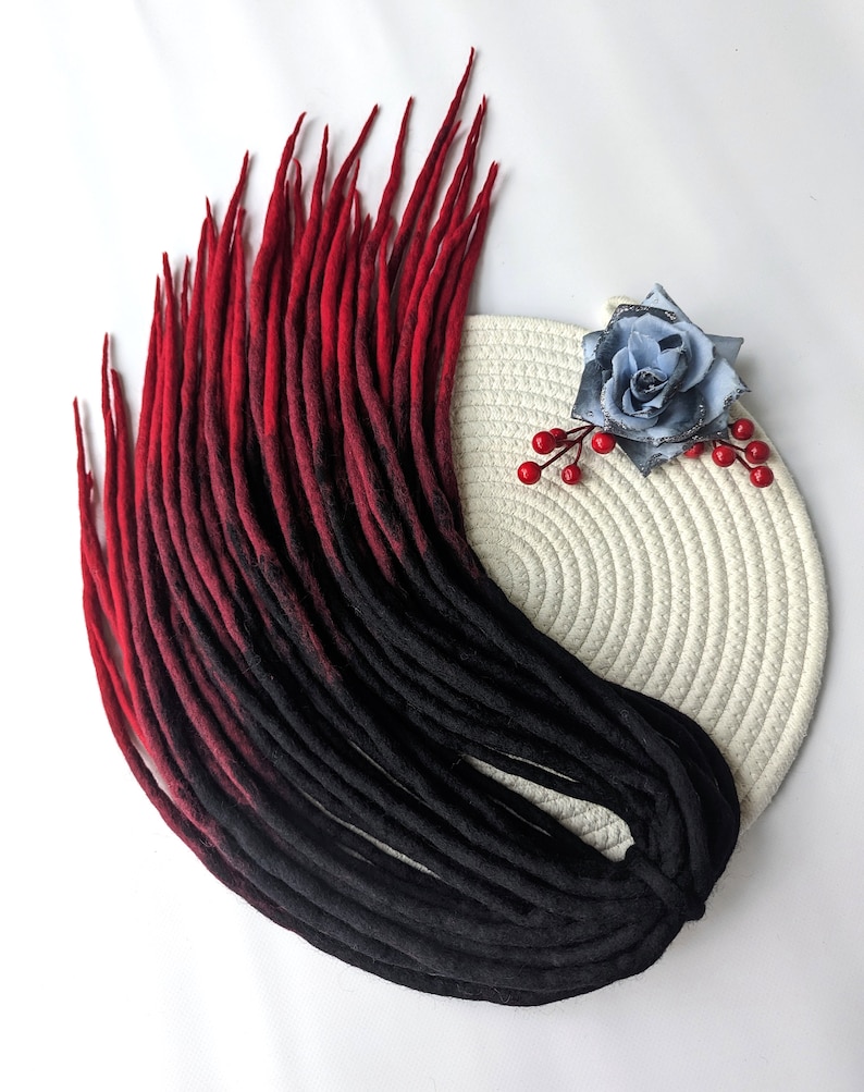 Black Red WOOL DREADLOCKS Extension, Black Burgundy Ombre Dreads