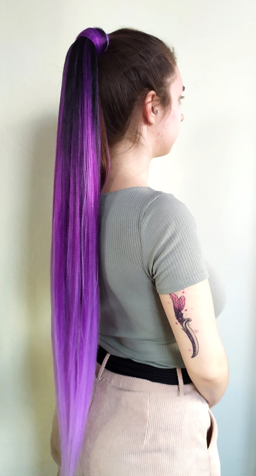 Black Purple Ombre Ponytail Hair Extension On Elastic Band, image size:862x1600