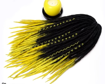Black Yellow Merino Wool Dreadlocks Extensions, Halloween Double Ended Dread Set with Wrapps