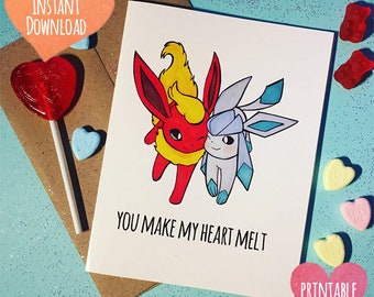 PRINTABLE Glaceon Flareon ''You make my heart melt'' cute geeky gamer valentine love card