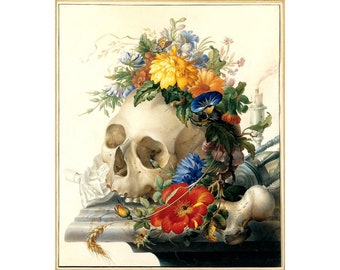 Flower skull art print, Skull with flowers, Vanitas, Dutch still life painting, Antique skull art, Death, Mortality, Memento mori, Dark art