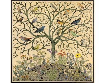 アート 大型本 TROPIAAL ART Birds and Leaves Songbirds Art Print, Tree of Life, Tropical Bird Painting