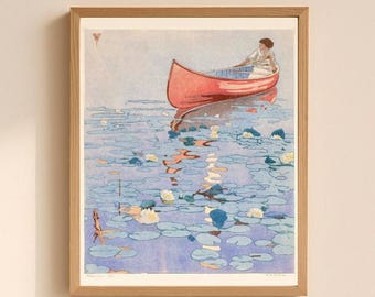 Woman Canoeing art print, Craftsman style color block print, Canoe painting, Waterlilies, Lake wall art, Cabin decor, Walter Joseph Phillips