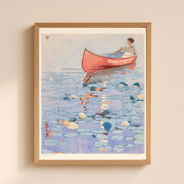 Woman Canoeing art print, Craftsman style color block print, Canoe painting, Waterlilies, Lake wall art, Cabin decor, Walter Joseph Phillips