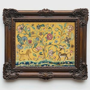 Antique Tree of Life art print, Flowering tree with animals, Vintage nature wall art, Eden, Jungle, American folk decor, Primitive Americana