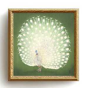 Peacock art print, Japanese white peacock painting, Ohara Koson woodcut print, woodblock art, Emerald green, Elegant, Ethereal, Bird art