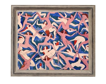 Women dancing art print, Emanuel Frinta, Bez Nazvu, 1920, Woman painting, Modern wall art, Pink, Blue, Figures, Bodies, Humans, Colorful