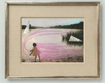 Conspiracy of Light, Surreal paper collage art print, Little girl vintage photograph, Beach, Sky, Altered art, Ethereal, Strange wall art