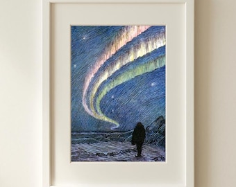 Northern Lights Art Print, Aurora Borealis Painting, Celestial
