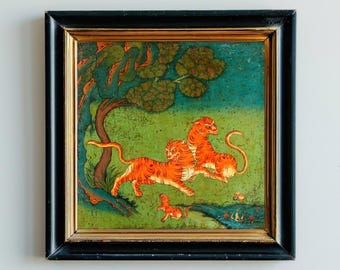 Colorful Tibetan tiger painting, Vintage tigers art print, Big cat wall art, Antique animal art, Asian animals, Exotic, Jungle decor