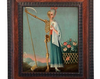 Life and Death antique oil painting, Vintage Memento Mori art print, Death wall art, Femme fatale, Lady skeleton, Grim Reaper, 18th century