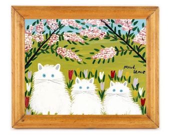 Tres gatos blancos, lámina artística de Maud Lewis, pintura de arte popular canadiense, artista autodidacta, animales primitivos e ingenuos, mediados de siglo, flores coloridas