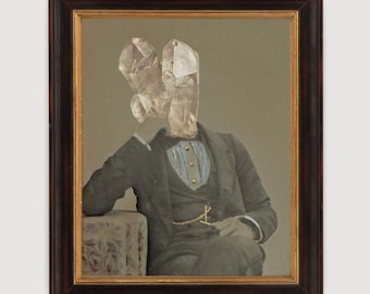 The Weight of Clarity, Surreal collage art print, Crystal, Antique daguerreotype photograph, Strange wall art, Man portrait, Philosophical