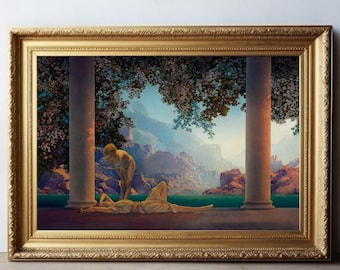 Maxfield Parrish Daybreak print, Mythological wall art, Morning, Dawn, Aurora, Nature Goddess art print, Women, Magical realism, Art nouveau