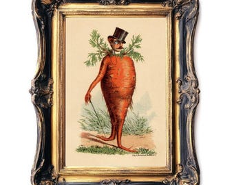 Victorian carrot man, Vintage kitchen art print, Funny kitchen poster, Food wall art, Kitsch, Strange, Bizarre, Absurd, Odd, Curious, Weird