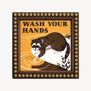 Vintage Wash Your Hands Sign, Retro bathroom art print, Kitchen wall art, Raccoon, Mid-century, Woodland animals, Public health poster