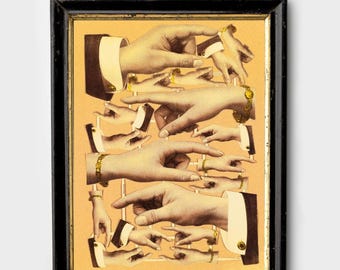 Vintage hands art print, Paper cutouts, Collage, Funky, Retro poster, Surreal wall art, Strange picture, Absurd, Bizarre, Weird, Dada