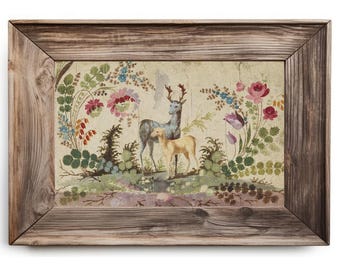 Vintage deer art print, Antique French chinoiserie wall art, Jean Baptiste Pillement design, Woodland wildlife painting, Enchanted forest