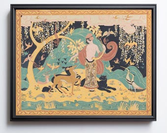 Enchanted forest art print, Vintage art deco painting, Antique art nouveau, Woman, Animals, Arts and crafts movement, Woodland fantasy
